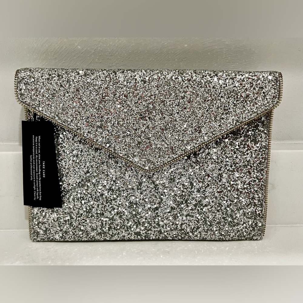 NWT Rebecca Minkoff Leo Clutch Silver Glitter W/Dustbag